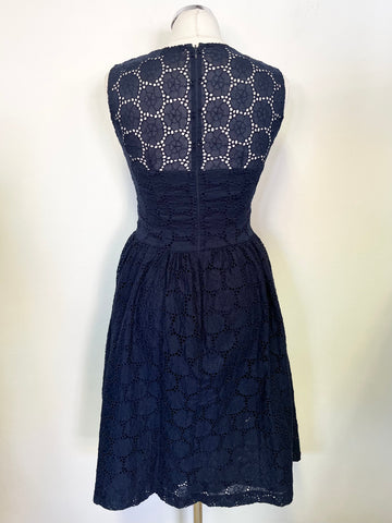 FRENCH CONNECTION NAVY BRODIERE ANGLAISE SLEEVELESS FIT & FLARE DRESS SIZE 8