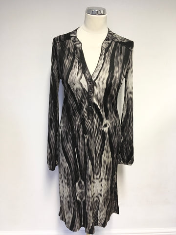 MINT VELVET BLACK,BROWN & GREY PRINT LONG SLEEVE STRETCH PENCIL DRESS SIZE 14