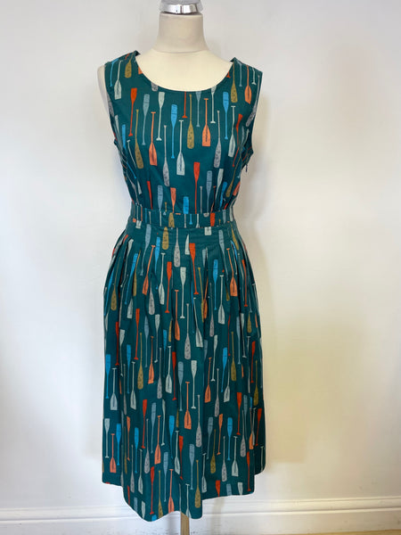 SEASALT CORNWALL GREEN OAR PRINT SLEEVELESS COTTON FIT & FLARE DRESS SIZE 12