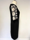 JAEGER BLACK WITH SHORT SILK FLORAL PRINT SLEEVE SHIFT DRESS SIZE 8