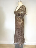 GINA BACCONI BROWN LEOPARD PRINT EMBELLISHED SILK SPECIAL OCCASION DRESS SIZE 14