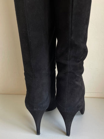 CHARLES JOURDAN BLACK SUEDE & LEATHER TRIM KNEE LENGTH HEEL BOOTS SIZE 5/37
