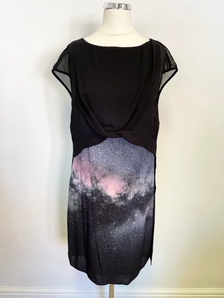 MINT VELVET BLACK,PURPLE & PINK PATTERNED SLEEVELESS SHIFT DRESS SIZE 8