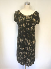 JIGSAW BLACK & BEIGE PRINT CAP SLEEVE STRETCH JERSEY DRESS SIZE M