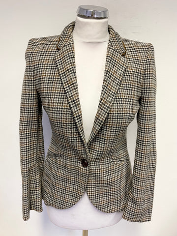 JACKPOT BROWN TWEED WOOL MIX COLLARED FITTED JACKET SIZE 32 UK 6/8