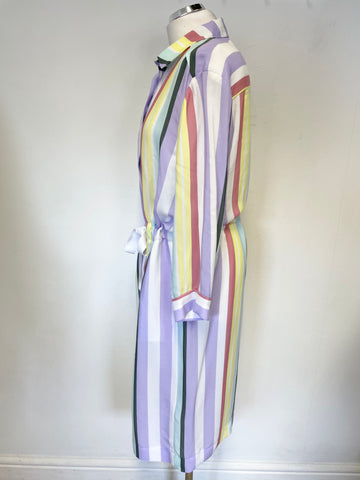 RIANI MULTI COLOURED PASTEL STRIPE 3/4 SLEEVE TIE WAIST SHIRT DRESS SIZE 14