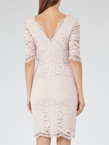 REISS DAHLIA NUDE SHORT SLEEVE  LACE SPECIAL OCCASION PENCIL DRESS  SIZE 14