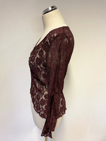 COAST BURGUNDY LACE 3/4 SLEEVE FLUTED CUFF TOP SIZE 12