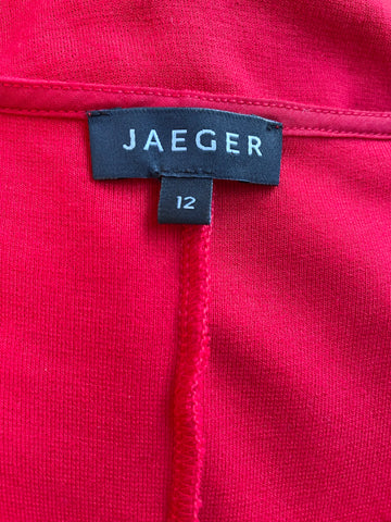 JAEGER RED STRETCH JERSEY FRILL CAP SLEEVED TIE BELT PENCIL DRESS SIZE 12