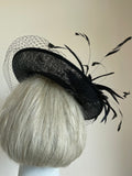 BLACK HATINATOR WITH FEATHERS AND NET TRIM ON HEADBAND