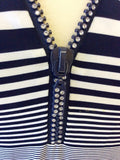 FRANK LYMAN NAVY BLUE & WHITE STRIPE DIAMANTÉ ZIP TOP SIZE 14
