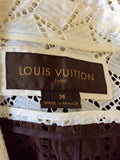 LOUIS VUITTON 2013 WHITE,NAVY BLUE & BROWN BROIDERY ANGLAISE LONG JACKET SIZE 36 UK 10