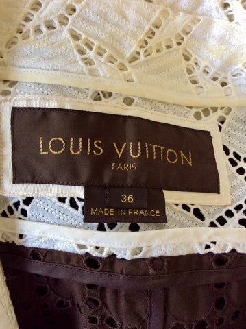 LOUIS VUITTON 2013 WHITE,NAVY BLUE & BROWN BROIDERY ANGLAISE LONG JACKET SIZE 36 UK 10