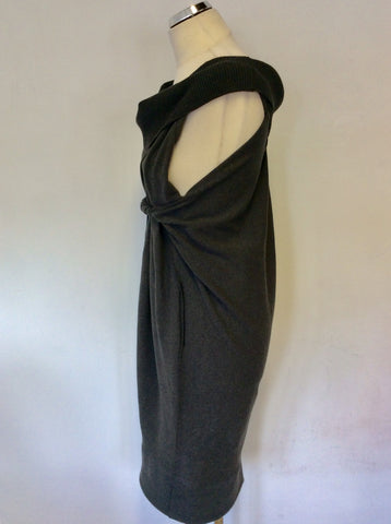 DONNA KARAN DARK GREY MERINO WOOL & SILK RIBBED COLLAR COTTON QUIRKY DRESS SIZE P UK 8