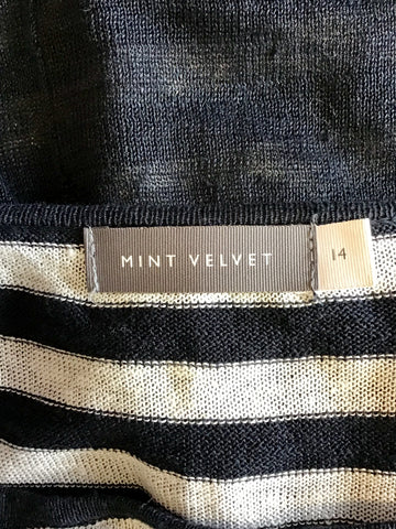 MINT VELVET NAVY BLUE & IVORY STRIPE LINEN JUMPER SIZE 14