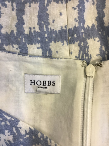 HOBBS LIGHT BLUE & WHITE PRINT SHORT SLEEVE LINEN DRESS SIZE 10
