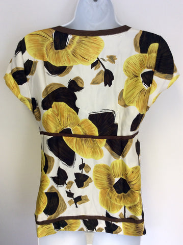 BODEN,IVORY,BROWN & YELLOW FLORAL PRINT CAP SLEEVE SILK TOP SIZE 8