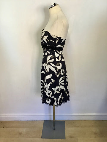 KAREN MILLEN BLACK,IVORY & GREY BOW PRINT STRAPLESS OCCASION DRESS SIZE 12