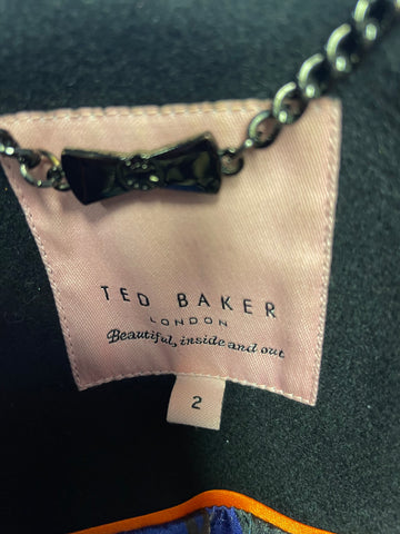 TED BAKER BLACK DANITA WRAP AROSS WOOL & CASHMERE BLEND BELTED KNEE LENGTH COAT SIZE 2 UK 10
