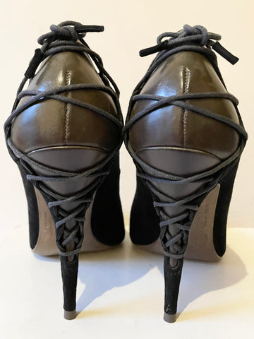 ALL SAINTS BLACK SUEDE & BROWN LEATHER LACE UP BACK HEELS SIZE 5/38