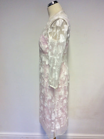 BRAND NEW DRESS CODE BY VEROMIA PINK LINED & SHEER WHITE EMBROIDERED OVERLAY DRESS & SHEER DUSTER COAT SIZE 16