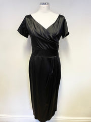 BRAND NEW LADY VINTAGE LORETTA BLACK SATIN SHORT SLEEVE PENCIL DRESS SIZE 12