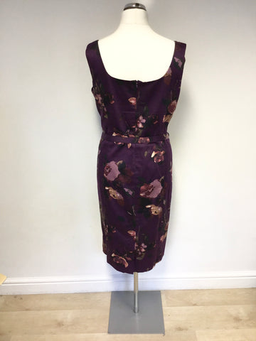 LAURA ASHLEY PURPLE FLORAL PRINT SLEEVELESS BELTED PENCIL DRESS SIZE 18