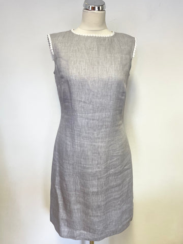 HOBBS GREY LINEN & WHITE TRIM SLEEVELESS SHEATH DRESS SIZE 10