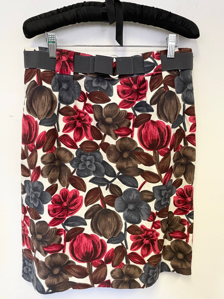 BODEN IVORY, RED, GREY & BROWN FLORAL PRINT COTTON & LINEN STRAIGHT SKIRT SIZE 14R