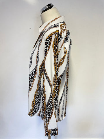 LEFTIES IVORY,BLACK & LEOPARD PRINT BELT & CHAIN PATTERNED BLOUSE SIZE L
