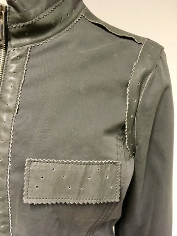 BRAND NEW EMPORIO ARMANI GREY COTTON & LEATHER TRIM ZIP UP JACKET SIZE 44 UK 12