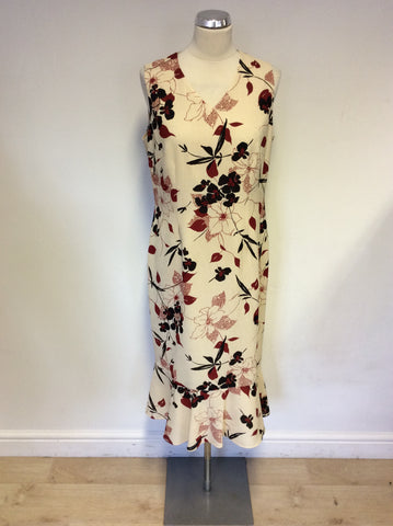 JACQUES VERT CREAM,RED & BLACK FLORAL PRINT DRESS & BLACK DUSTER COAT SIZE 14