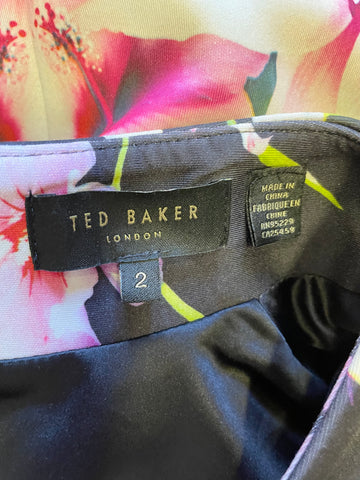 TED BAKER BLACK & FLORAL PRINT SLEEVELESS PENCIL DRESS SIZE 2 UK 10
