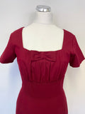 DAISY DAPPER RETRO CLOTHING DARK RED BOW TRIM SHORT SLEEVE PENCIL DRESS SIZE L