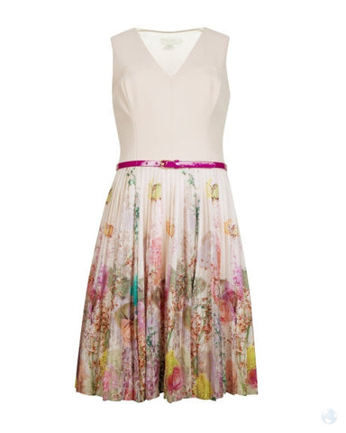TED BAKER TARREN CREAM & MULTI COLOURED FLORAL PRINT FIT & FLARE DRESS SIZE 2 UK 10/12