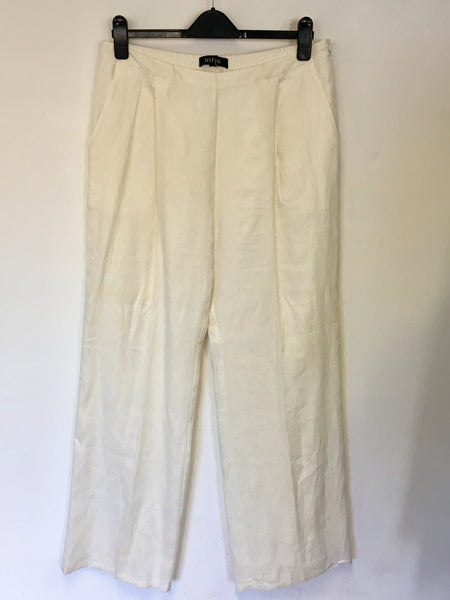 NITYA WHITE LINEN SILK TRIM EDGE TRIM TROUSERS SIZE 44 UK 16