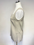 FRANK USHER BEIGE LONG DUSTER COAT, SLEEVELESS TOP & TROUSER SUIT SIZE 14