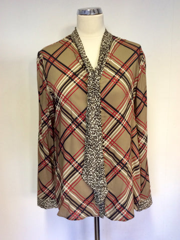 BRAND NEW BARBARA LEBEK BROWN CHECK & LEOPARD PRINT TIE NECK BLOUSE SIZE 18