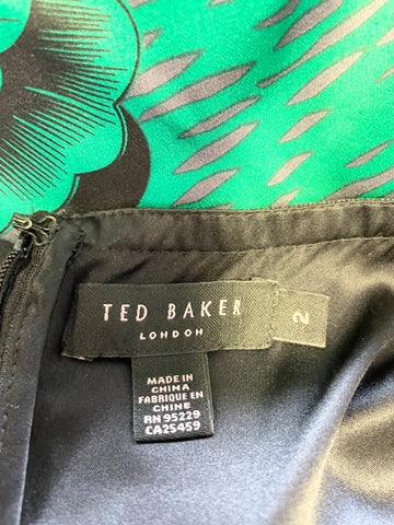 TED BAKER BLACK,GREY & GREEN PRINT SILK STRAPPY SPECIAL OCCASION DRESS SIZE 2 UK 10