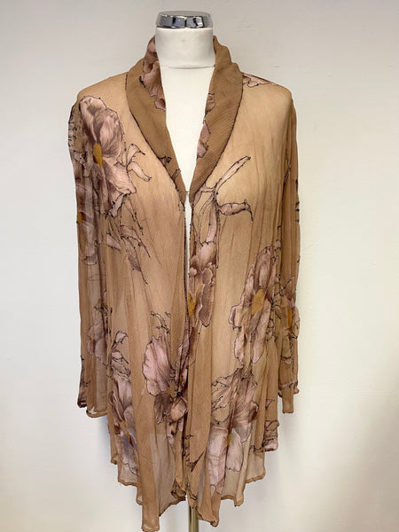 NOUGAT LIGHT BROWN SEMI SHEER FLORAL BEAD TRIMMED OVER BLOUSE SIZE 2 UK 10/12