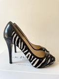 LK BENNETT SIGMA BLACK & WHITE ZEBRA PRINT PONYSKIN & LEATHER PEEPTOE HEELS SIZE 7/40