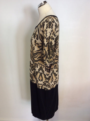 HOBBS CAMEL & BLACK PRINT KNIT SHIFT DRESS SIZE 14