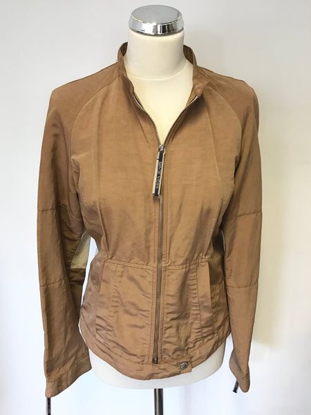 KRIZIA JEANS TAN & CREAM TRIM LIGHTWEIGHT ZIP UP JACKET SIZE 16 BUT FIT UK 12/14