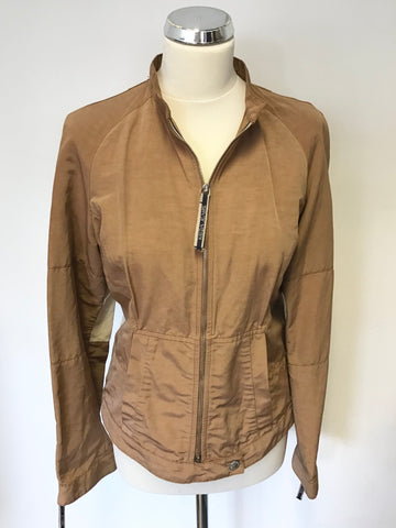 KRIZIA JEANS TAN & CREAM TRIM LIGHTWEIGHT ZIP UP JACKET SIZE 16 BUT FIT UK 12/14