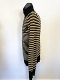 FAKE LONDON BLACK,BROWN & BEIGE 100% WOOL ZIP UP STRIPED CARDIGAN SIZE L