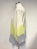 PURE COLLECTION 100% CASHMERE IVORY, LEMON & GREY FINE KNIT JUMPER SIZE XL