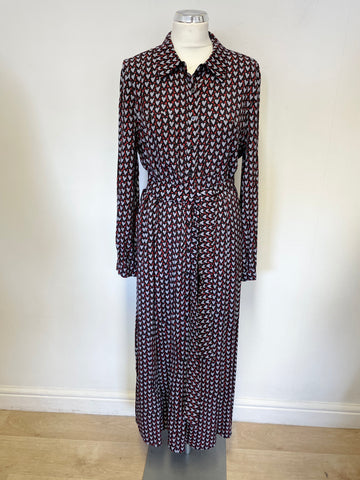 MINT VELVET BLACK,RED & GREY HEART PRINT BELTED SHIRT MIDI DRESS SIZE 14