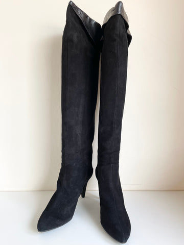 CHARLES JOURDAN BLACK SUEDE & LEATHER TRIM KNEE LENGTH HEEL BOOTS SIZE 5/37