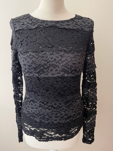 GUESS BY MARCIANO BLACK WITH SILVER LACE LONG SLEEVE TOP SIZE 2 UK 10/12