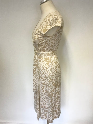 DIANE VON FURSTENBERG GOLD & IVORY PRINT SILK WRAP DRESS SIZE 6 UK 10